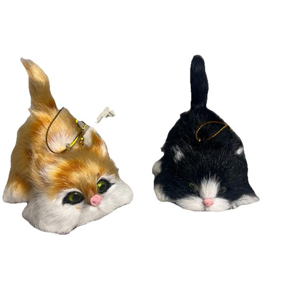 Cat Kitten Faux Fur Christmas Ornament Miniature Mini Glass Eyes Orange Black - Picture 1 of 15